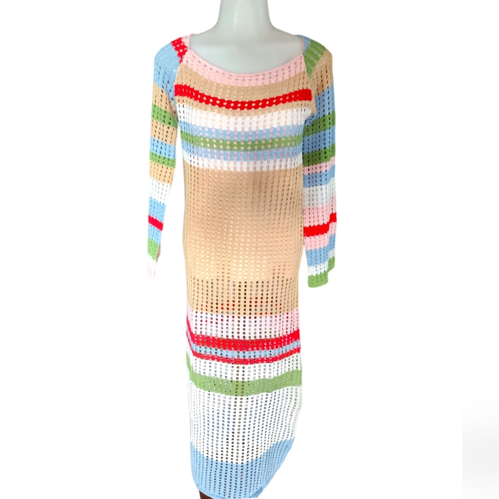 COLOR STRIPED HOLLOW OUT KNIT COVER UP
